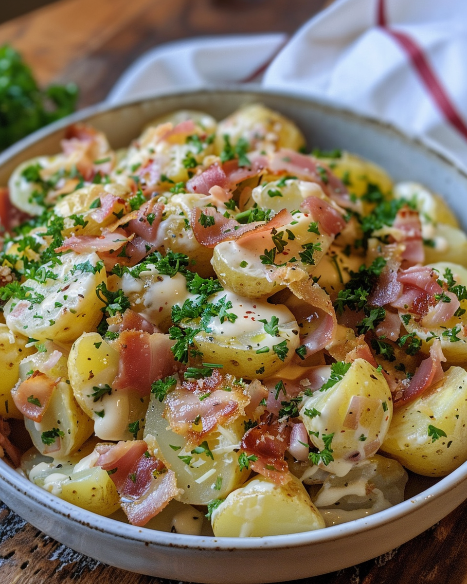Final plated hot German potato salad with crispy bacon and fresh parsley