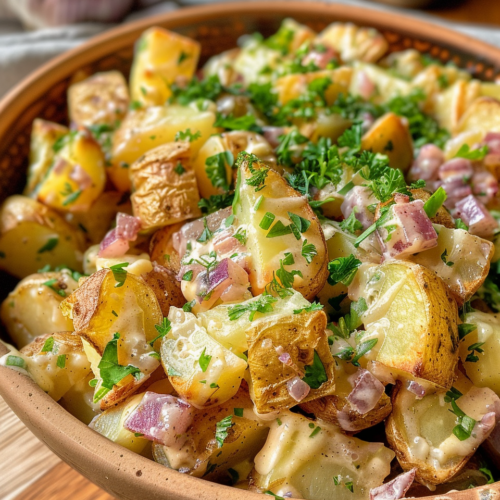 Hot German Potato Salad taken with iphone 15 pro max --iw 2 --ar 4:5 --v 6.0 --raw