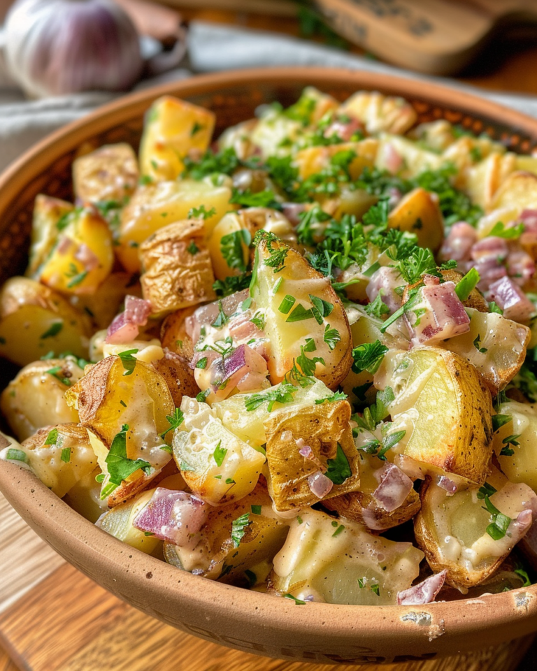 Hot German Potato Salad taken with iphone 15 pro max --iw 2 --ar 4:5 --v 6.0 --raw