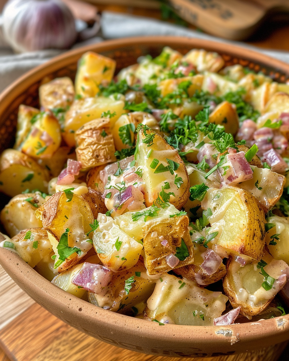 Steaming hot German potato salad fresh from pressure cooker