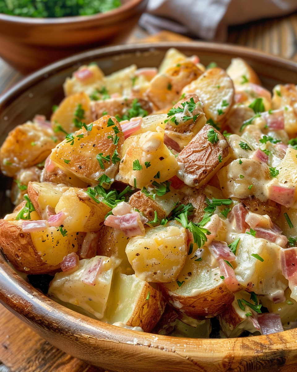 Ingredients for hot German potato salad including potatoes, bacon, onions, and herbs