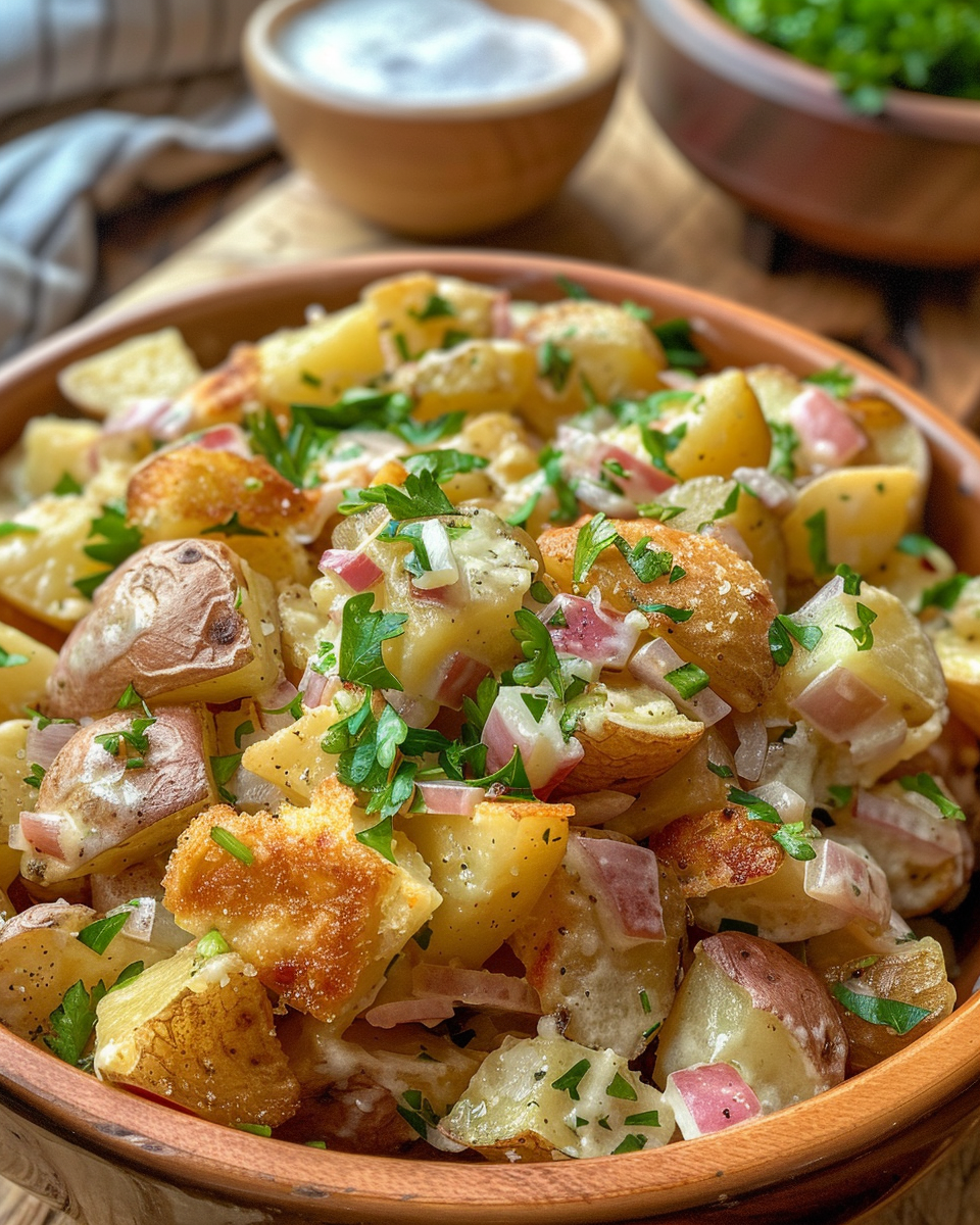 Finished hot German potato salad served warm with fresh herbs garnish