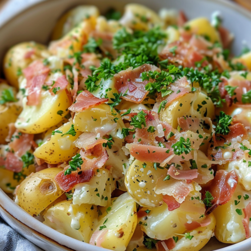 Hot German Potato Salad taken with iphone 15 pro max --iw 2 --ar 4:5 --v 6.0 --raw