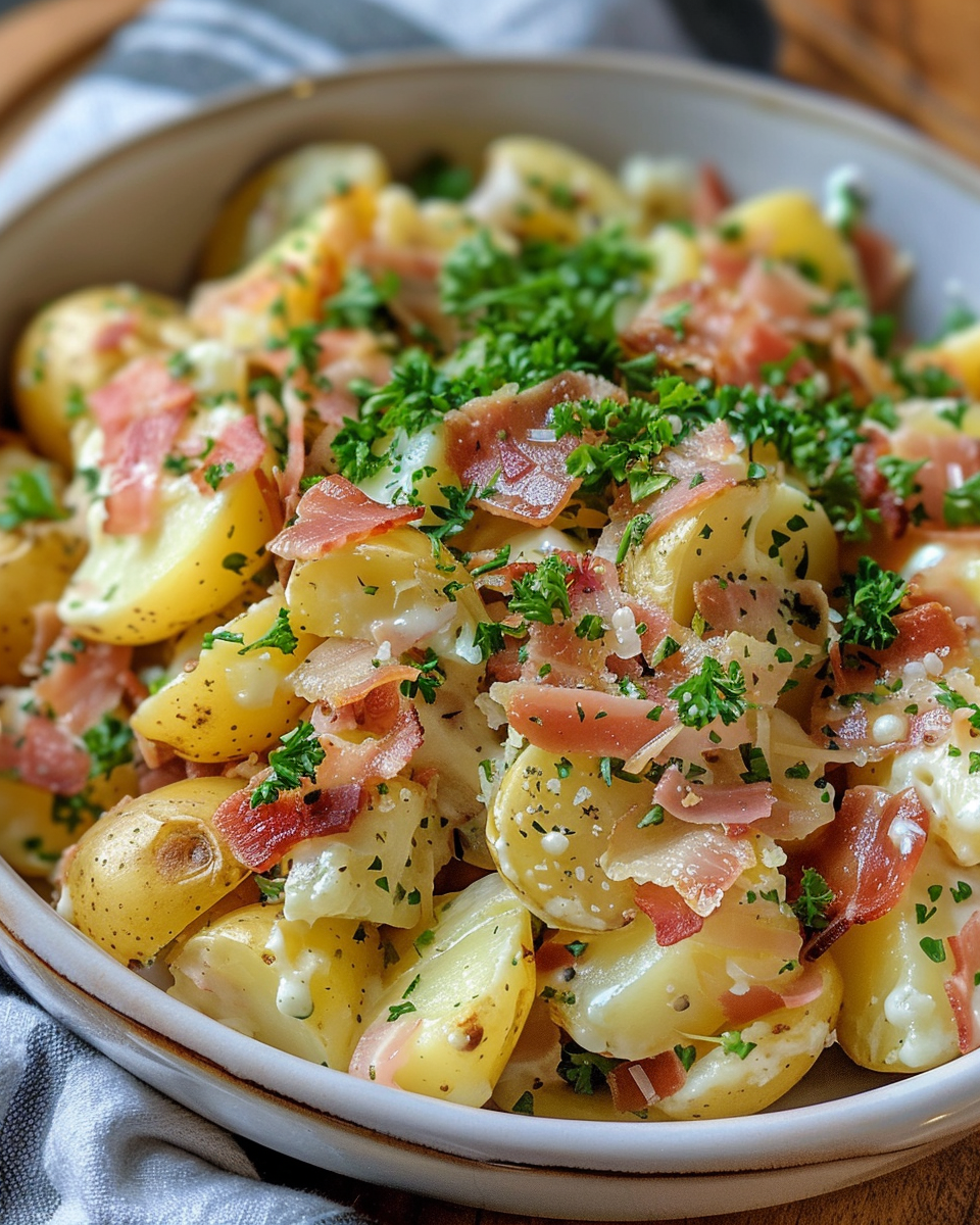 Hot German Potato Salad taken with iphone 15 pro max --iw 2 --ar 4:5 --v 6.0 --raw