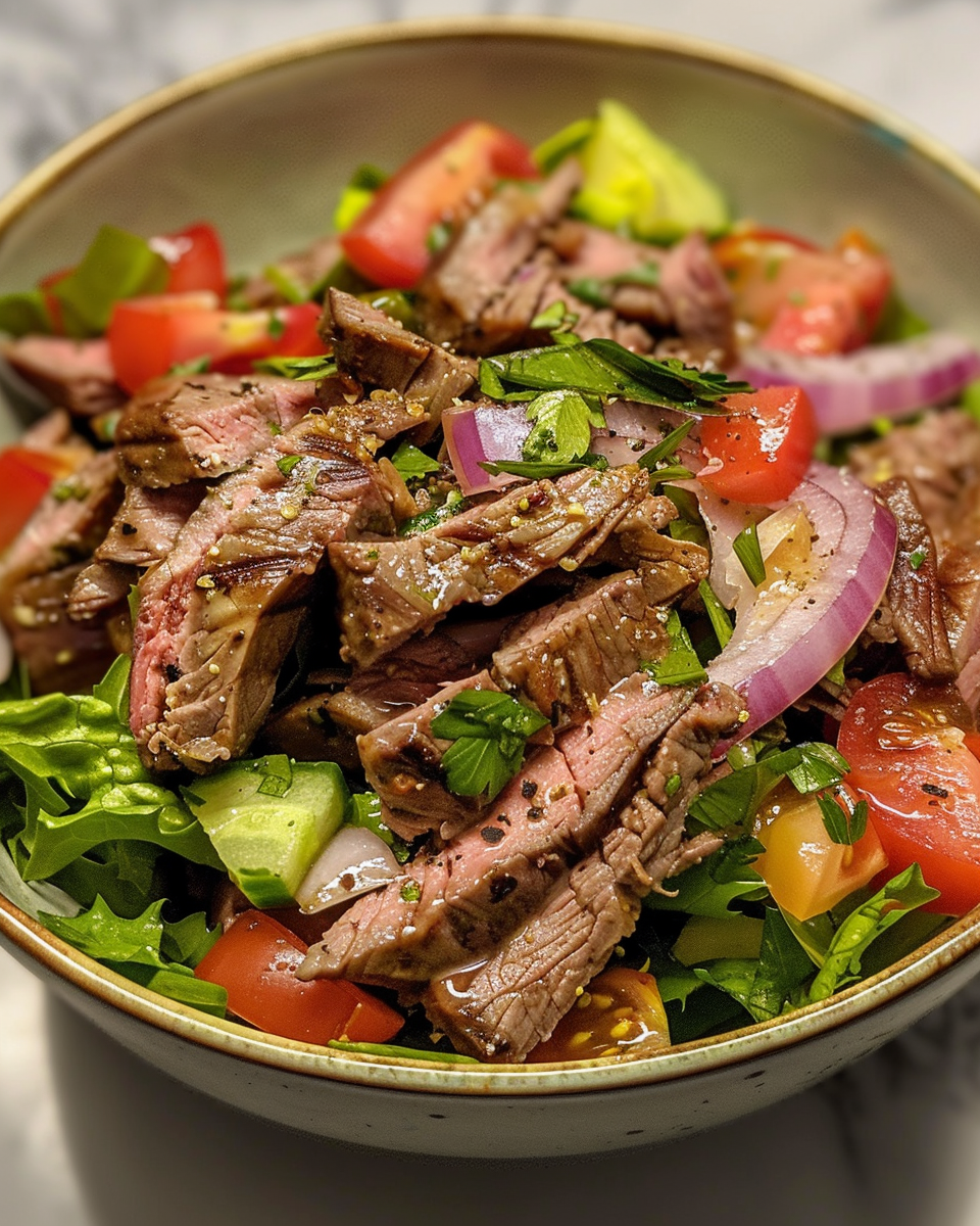 Ingredients for Italian beef chopped salad fresh vegetables and shredded beef