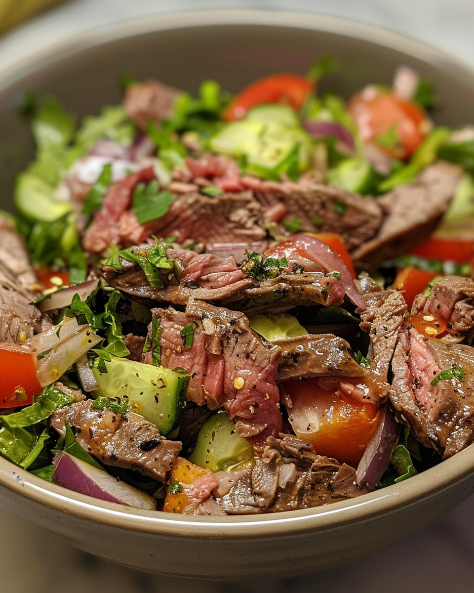 Served Italian beef chopped salad with mixed colors and fresh herbs