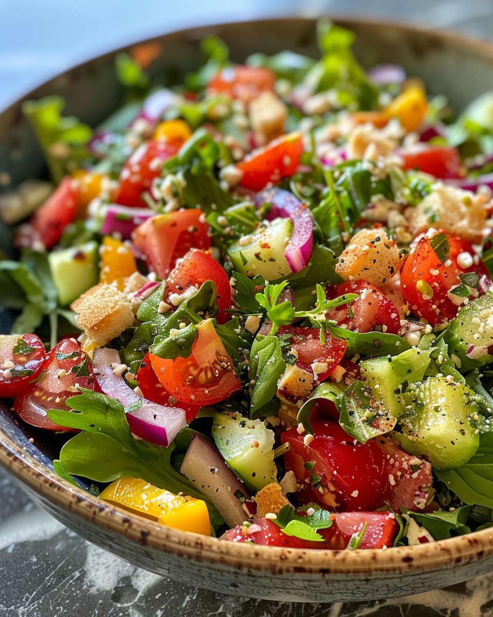 Finished Italian dressing poured over chopped salad ready to serve