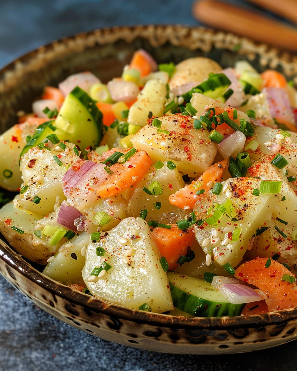 Japanese Potato Salad ingredients including potatoes, sliced cucumbers, onions, carrots, ham, and eggs