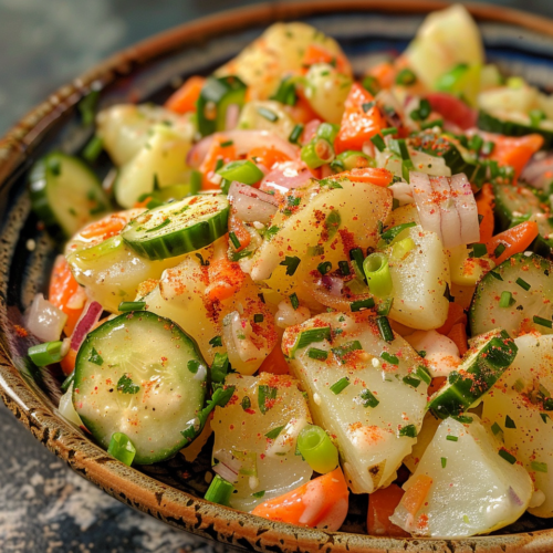 Japanese Potato Salad With Cucumbers Carrots And Red Onion taken with iphone 15 pro max --iw 2 --ar 4:5 --v 6.0 --raw