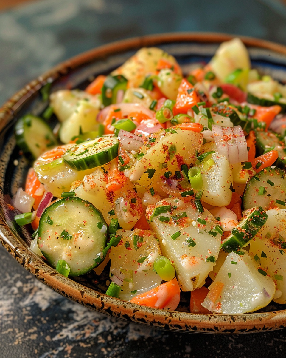 Japanese Potato Salad With Cucumbers Carrots And Red Onion taken with iphone 15 pro max --iw 2 --ar 4:5 --v 6.0 --raw