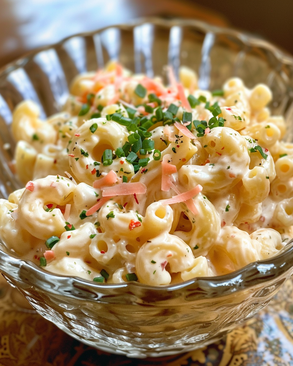 Finished creamy elbow macaroni salad served chilled in bowl ready to eat