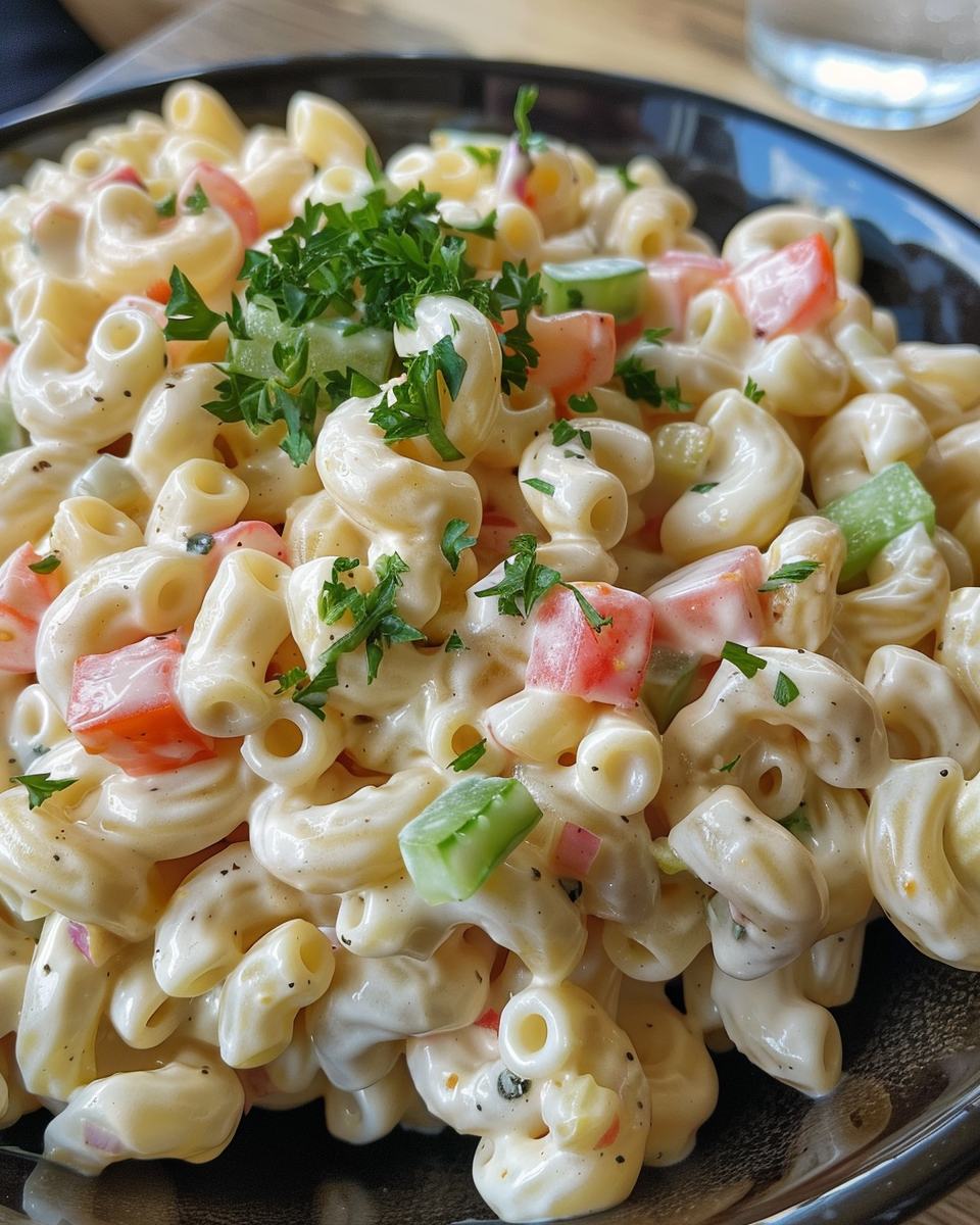 Final macaroni salad served in a bowl with creamy dressing and fresh vegetables