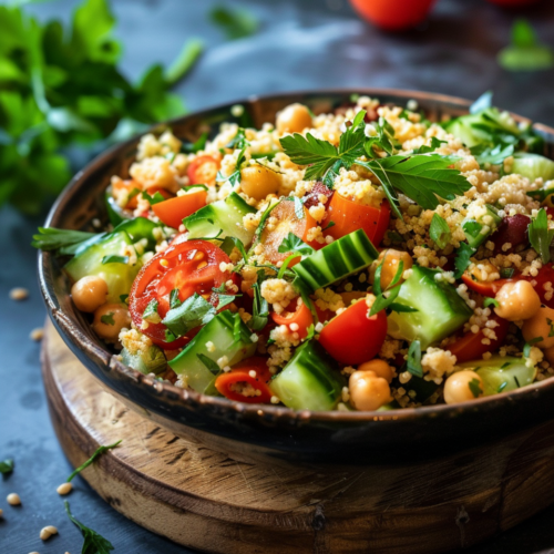 Mediterranan Couscous Salad taken with iphone 15 pro max --iw 2 --ar 4:5 --v 6.0 --raw