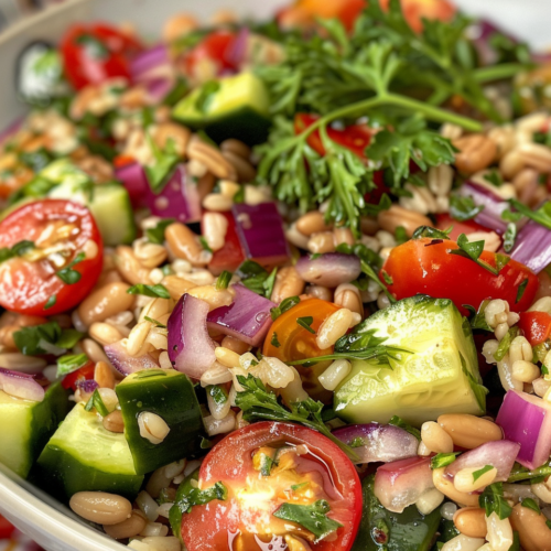 Mediterranean Barley Salad taken with iphone 15 pro max --iw 2 --ar 4:5 --v 6.0 --raw