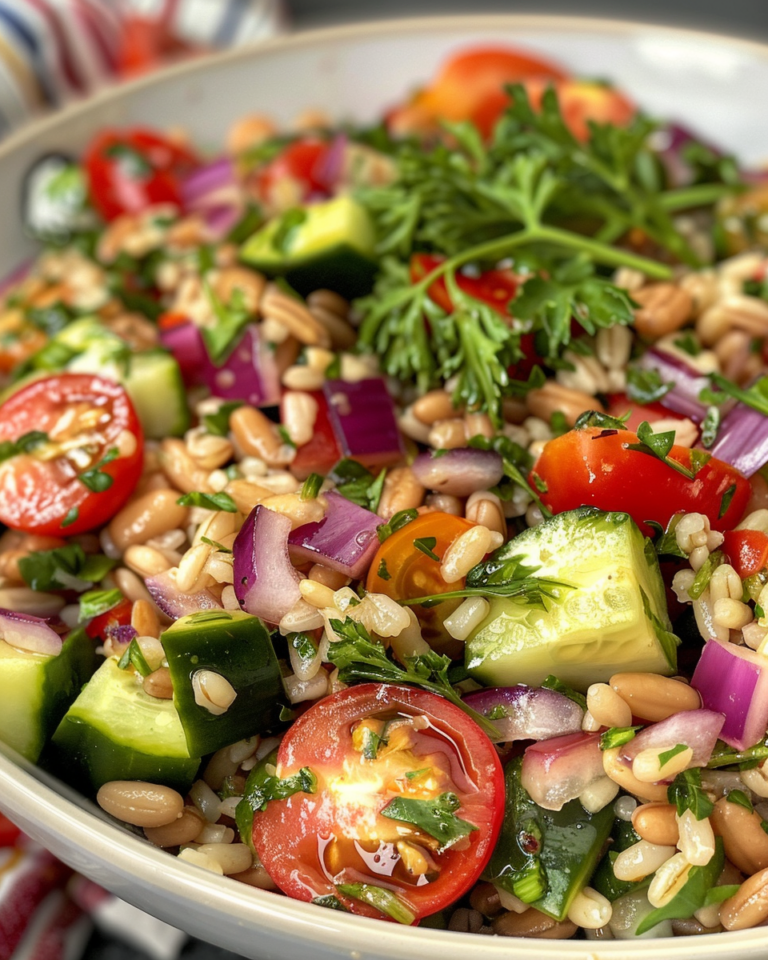 Mediterranean Barley Salad taken with iphone 15 pro max --iw 2 --ar 4:5 --v 6.0 --raw