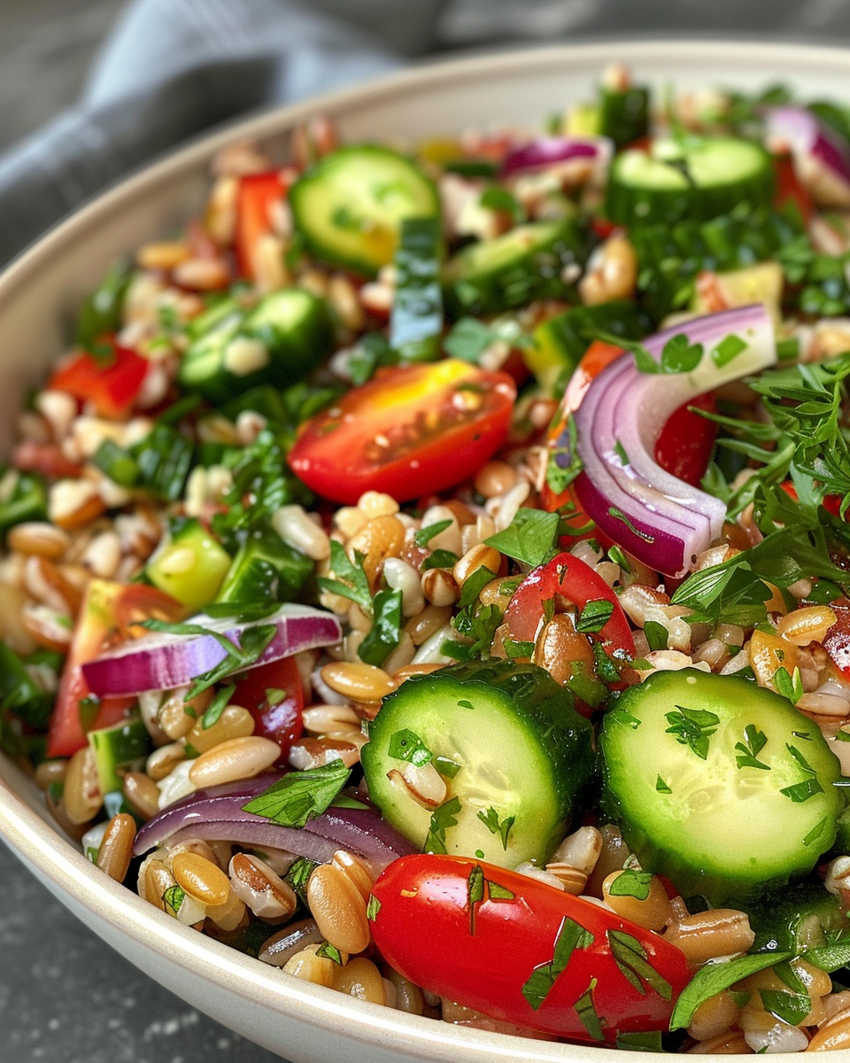 Ingredients for Mediterranean barley salad including diced eggplant, bell pepper, cucumber, and olives
