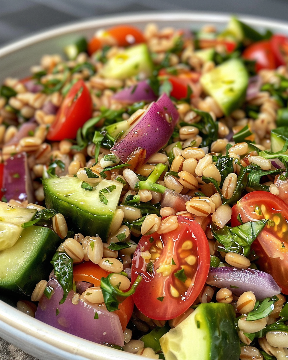 Serving of Mediterranean barley salad showcasing the final fresh and colorful dish