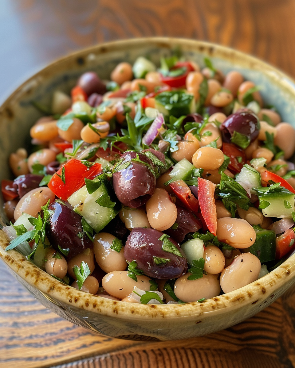 Ingredients of Mediterranean dense bean salad chopped and ready