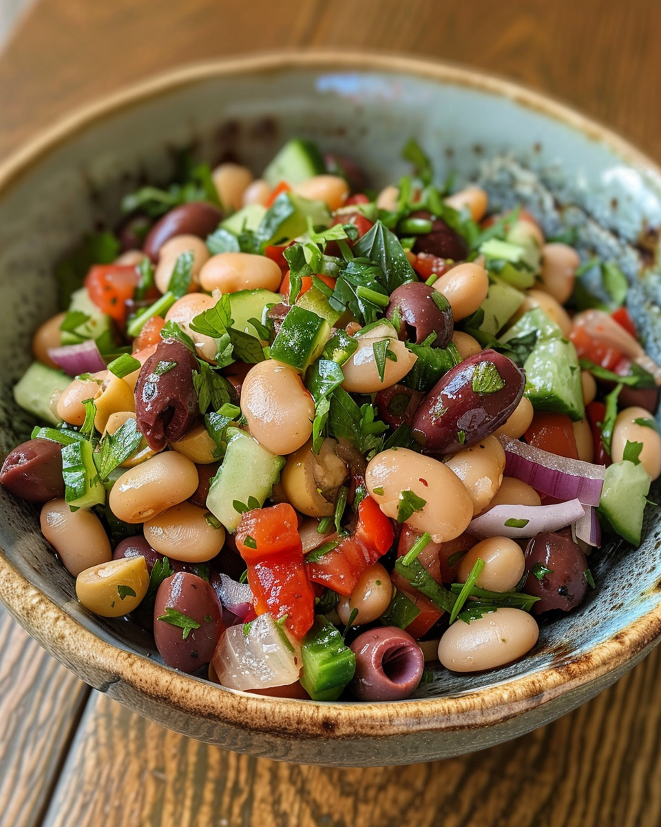 Final served Mediterranean dense bean salad in bowl with fresh herbs and feta