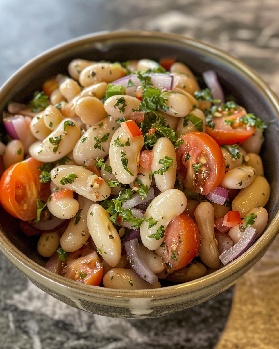 Ingredients mixed for Mediterranean white bean salad showing beans, cucumbers, tomatoes, and olives