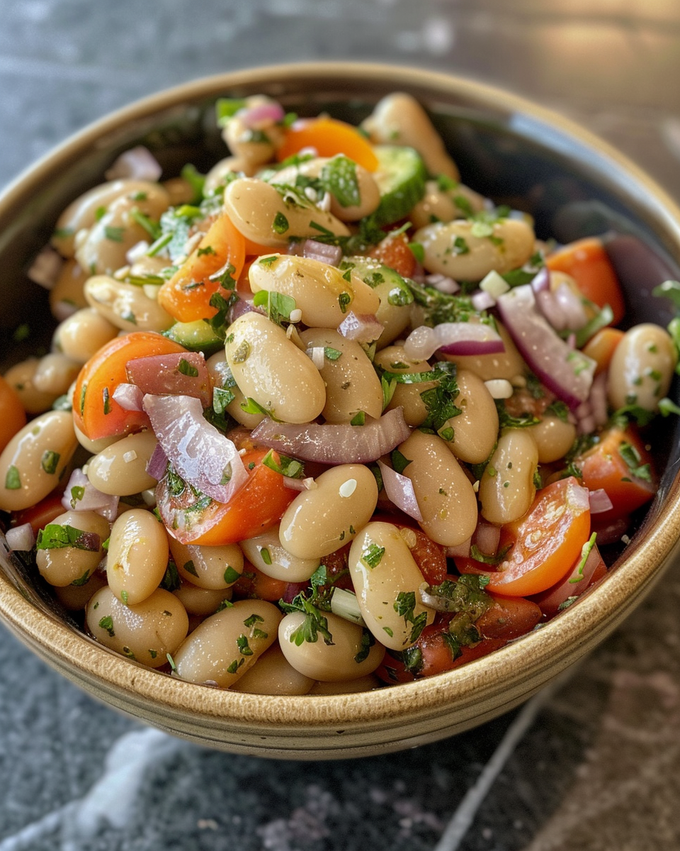 Final plated Mediterranean white bean salad served with fresh herbs and lemon