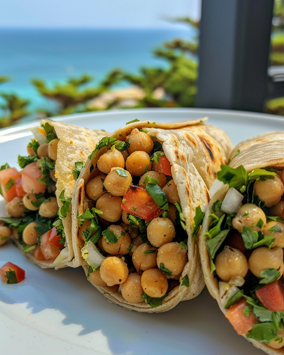 Serving plate of finished chickpea salad wraps cut in half