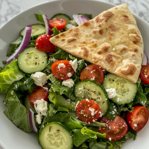 My Favorite Greek Salad With Homemade Whole Wheat Pita Bread taken with iphone 15 pro max --iw 2 --ar 4:5 --v 6.0 --raw