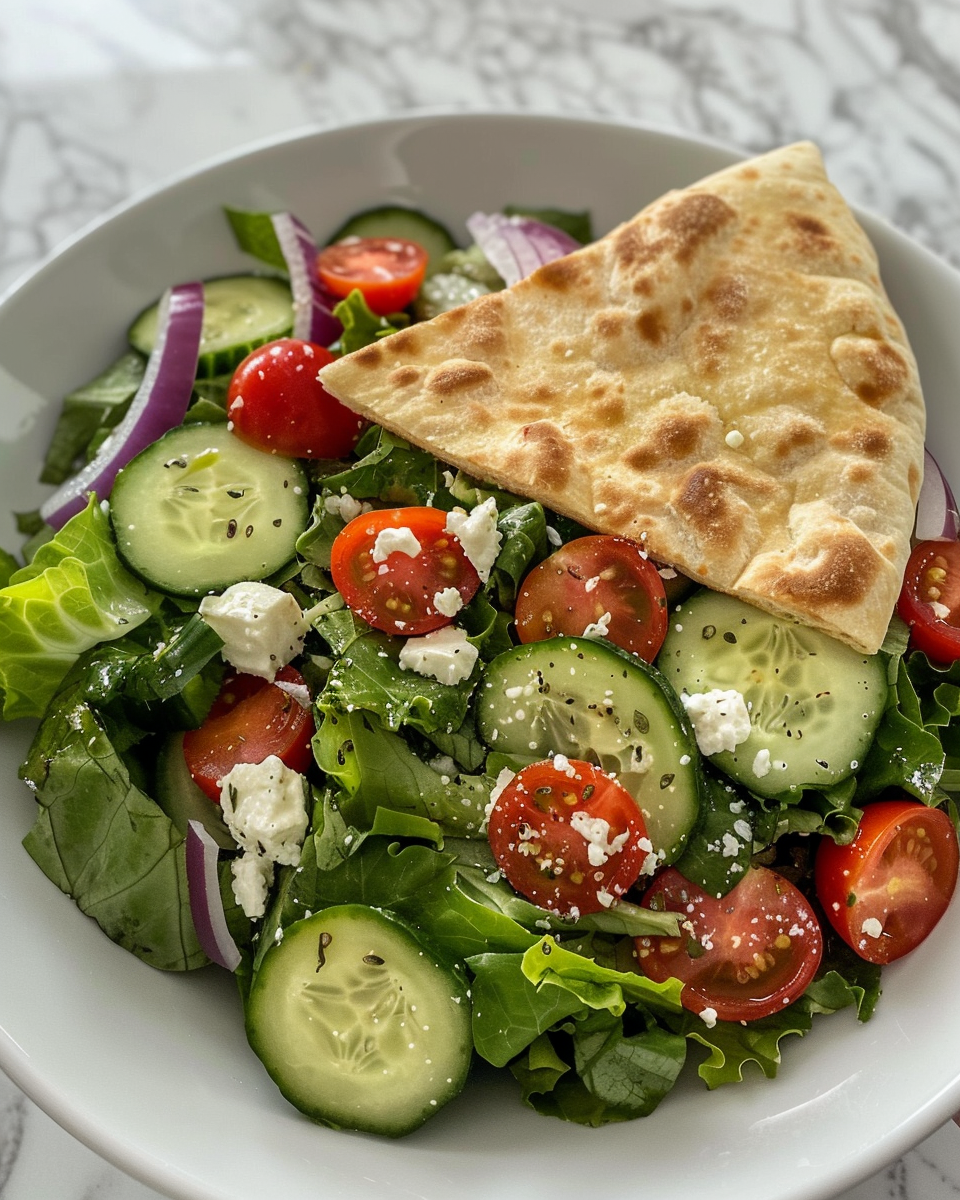 Close-up of Greek pita sandwich filling with fresh veggies and feta cheese