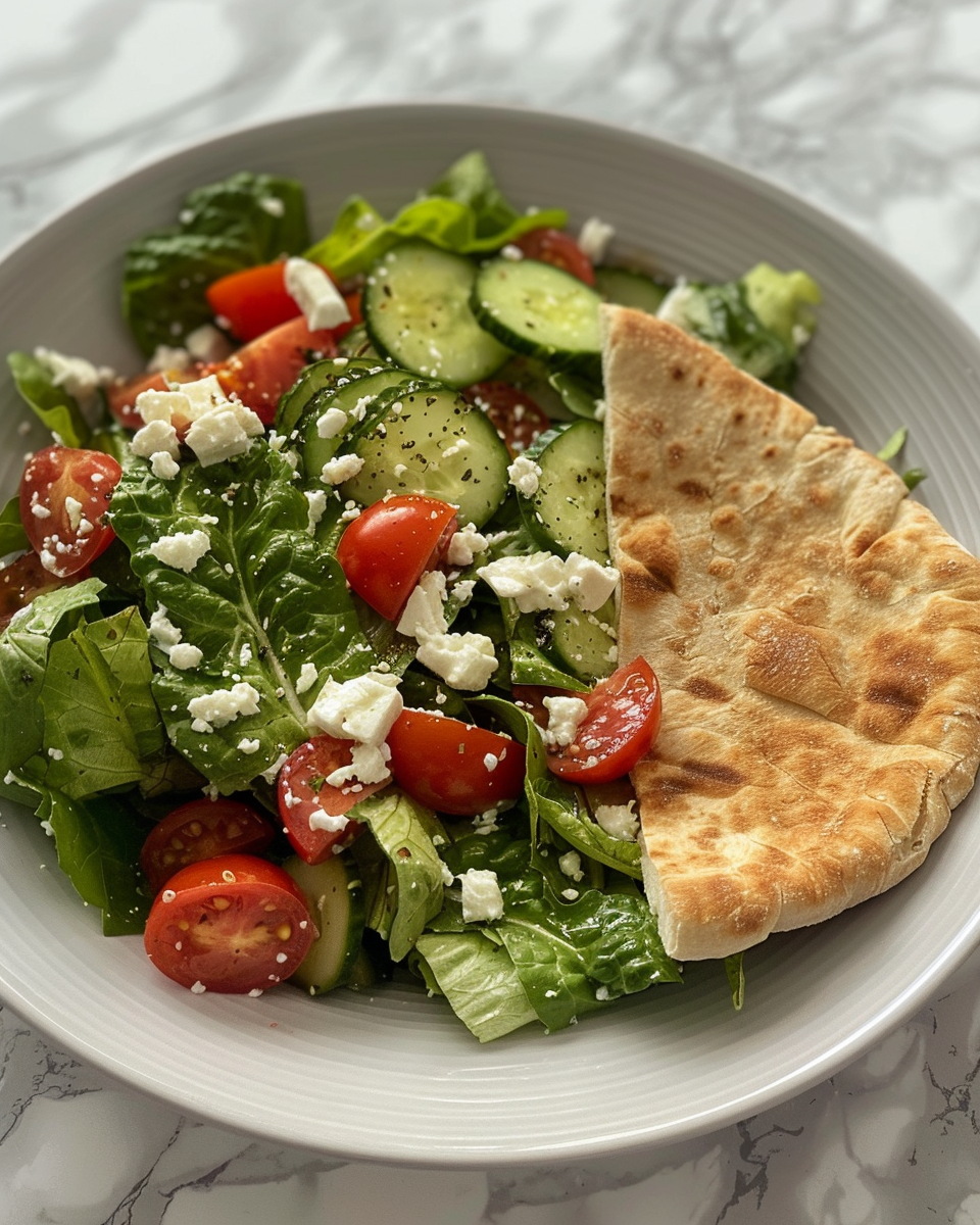 Freshly sliced ingredients for Greek pita sandwich filling including spinach, tomatoes, cucumbers, olives, and feta