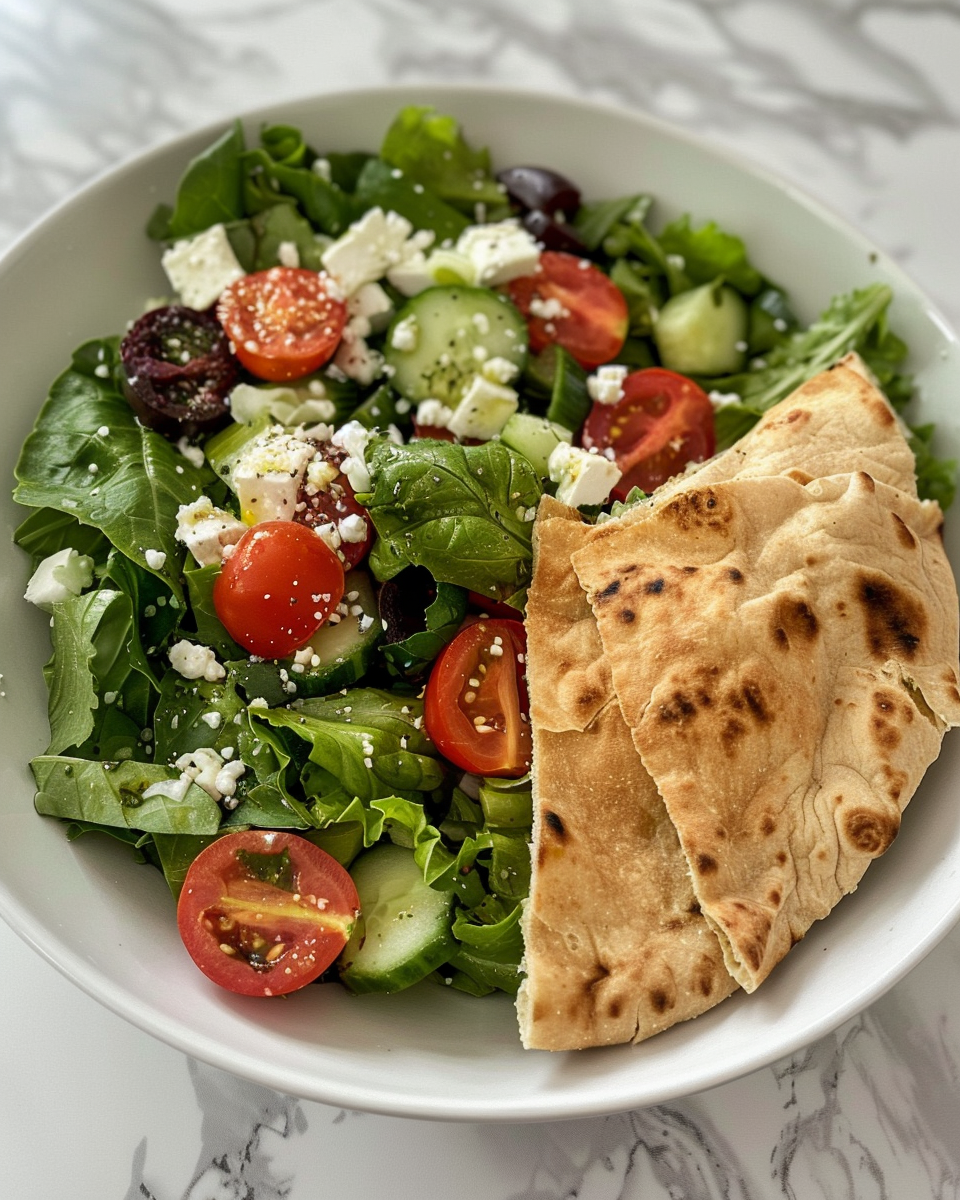 Finished Greek pita sandwich stuffed with fresh spinach and veggies on the plate