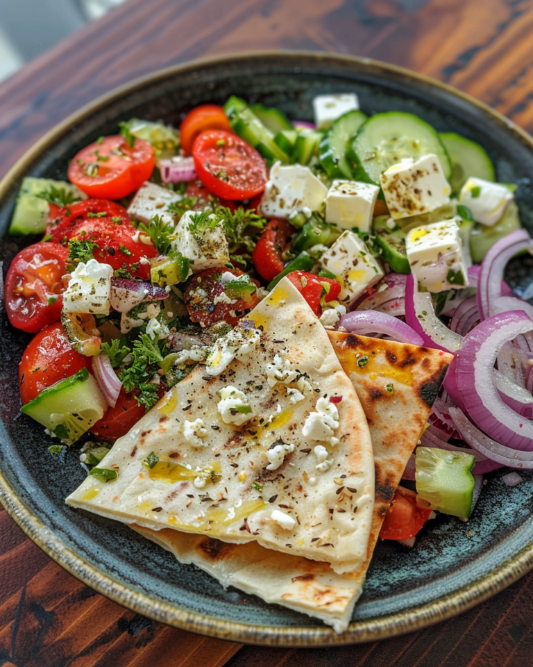 My Favorite Greek Salad With Homemade Whole Wheat Pita Bread taken with iphone 15 pro max --iw 2 --ar 4:5 --v 6.0 --raw