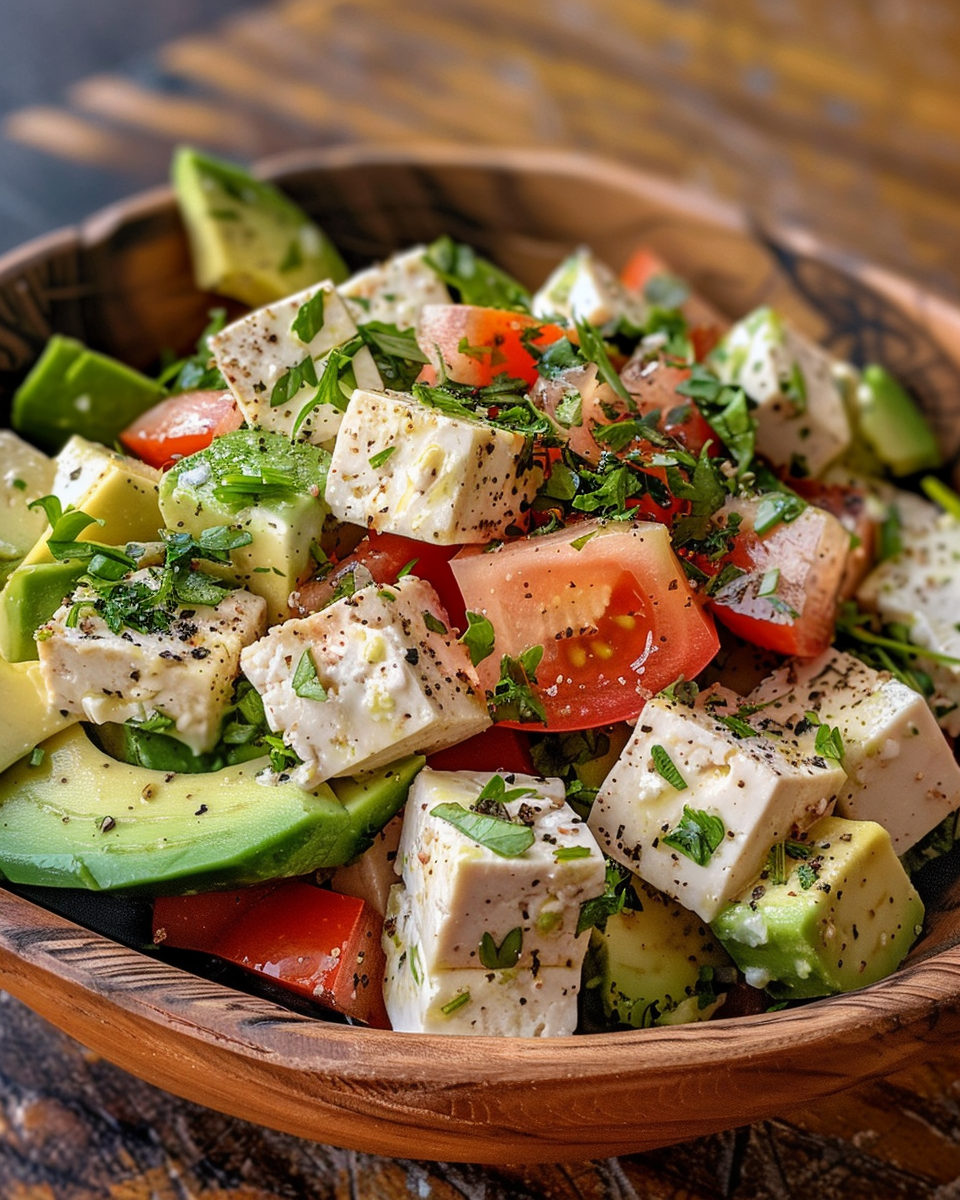 Ingredients for silken tofu and avocado salad including fresh vegetables and dressing