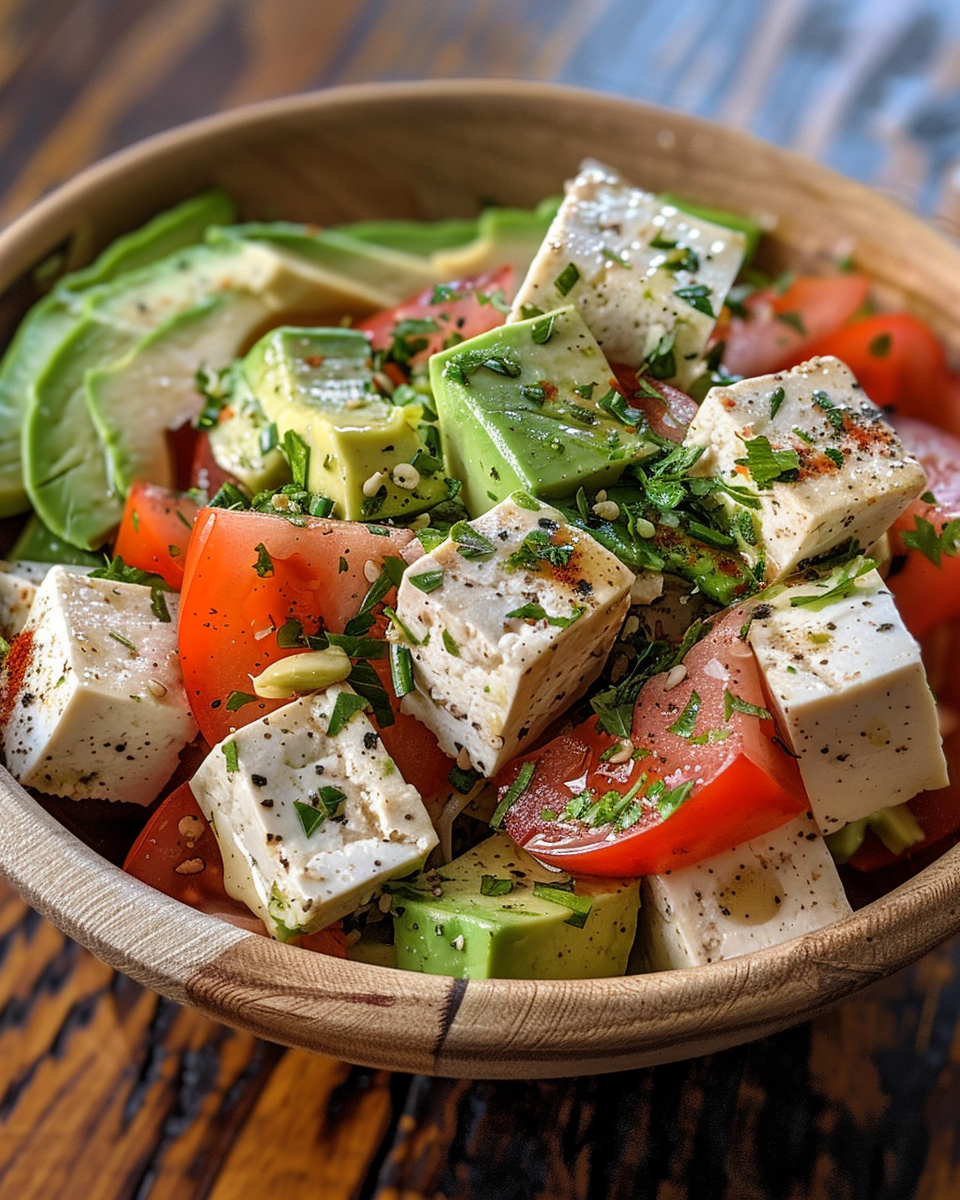Final plated silken tofu and avocado salad ready to serve