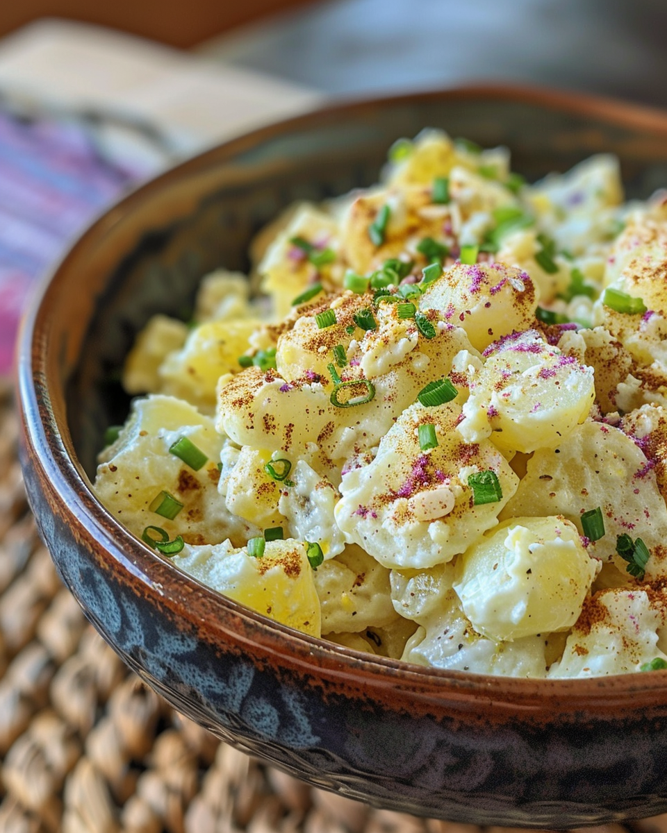 Freshly served pressure cooker potato salad topped with paprika
