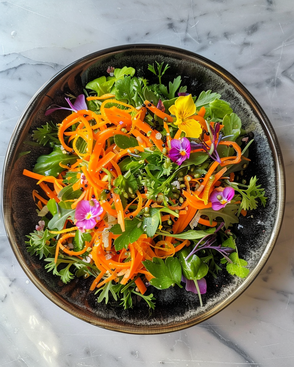 Finished orange blossom carrot salad with pine nuts ready to serve