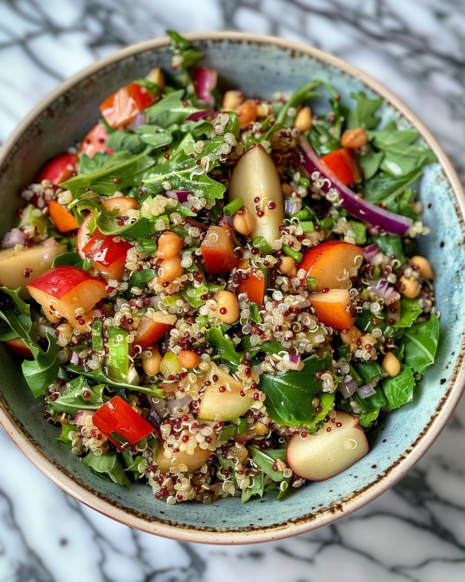 Ingredients for pear quinoa salad including leafy greens, fruit, cheese, and nuts on table