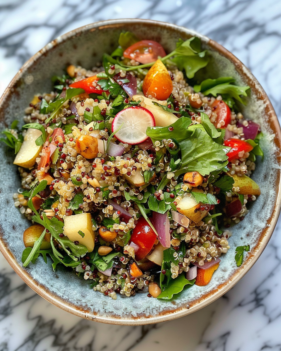 Step-by-step preparation of pear quinoa salad with fresh fruit and nuts being added