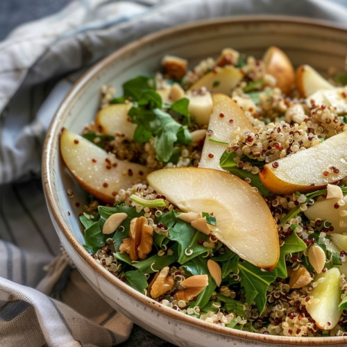 Pear Quinoa Salad taken with iphone 15 pro max --iw 2 --ar 4:5 --v 6.0 --raw
