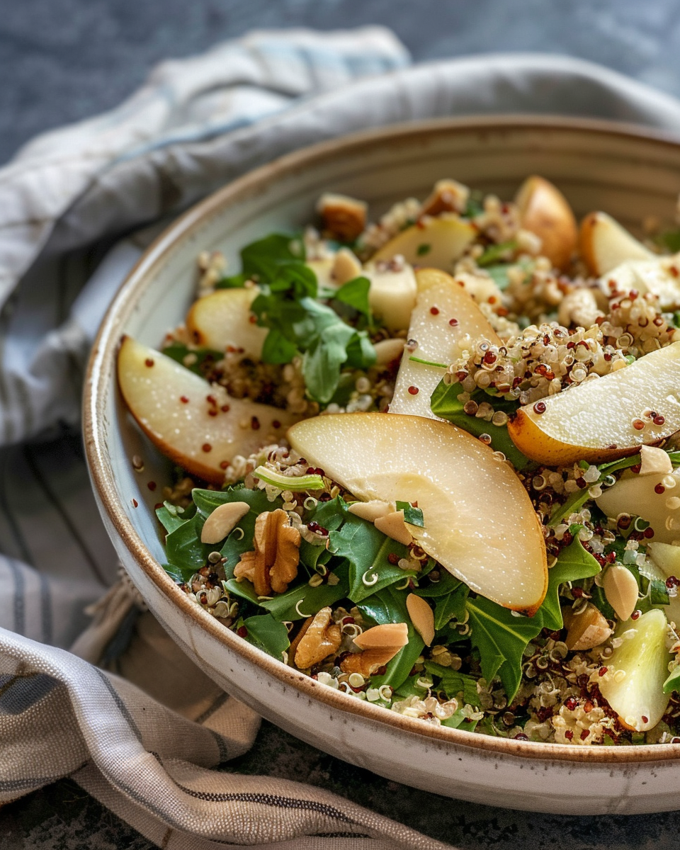 Fresh and vibrant pear quinoa salad with spinach and citrus