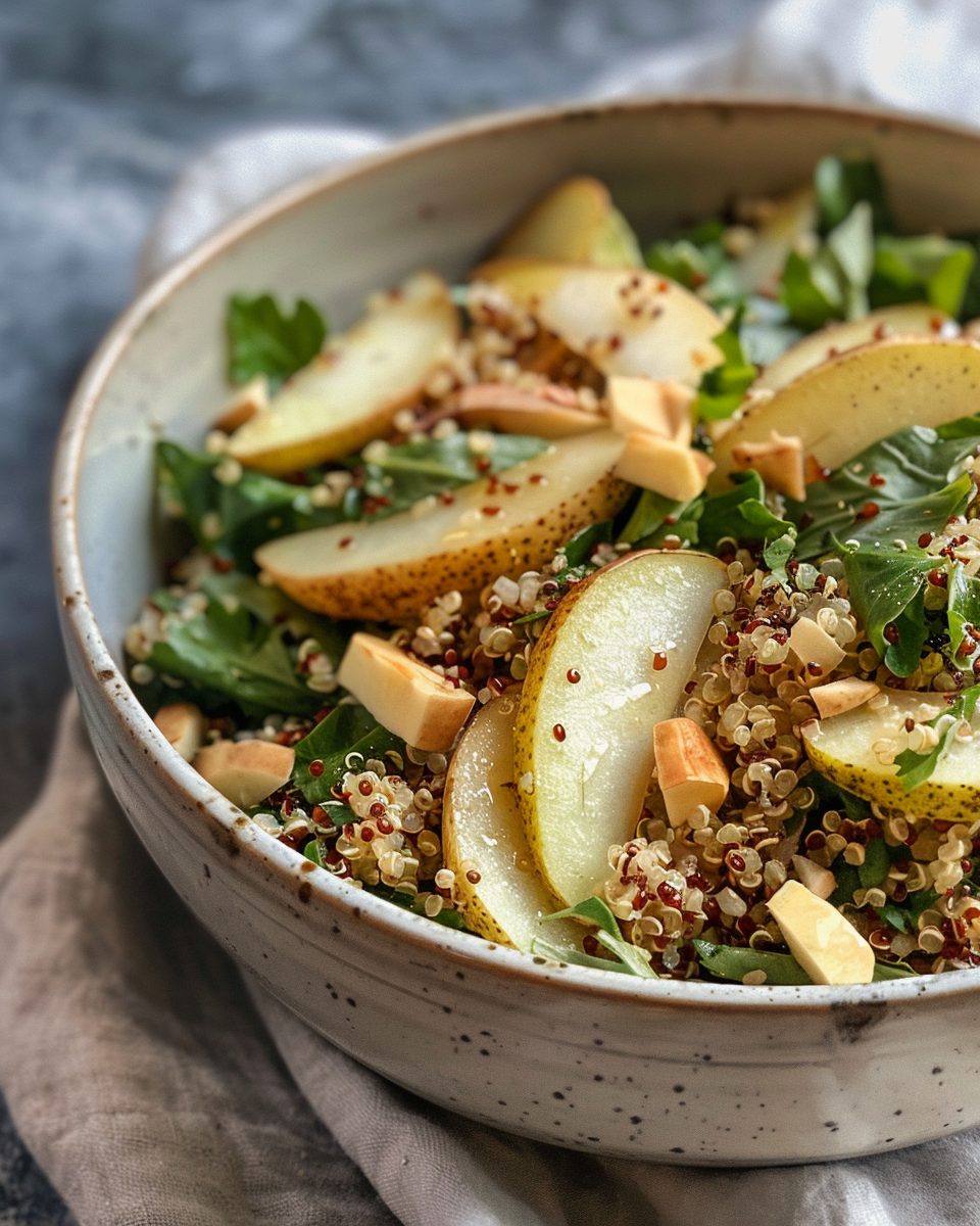 Ingredients laid out for pear quinoa salad in fresh preparation