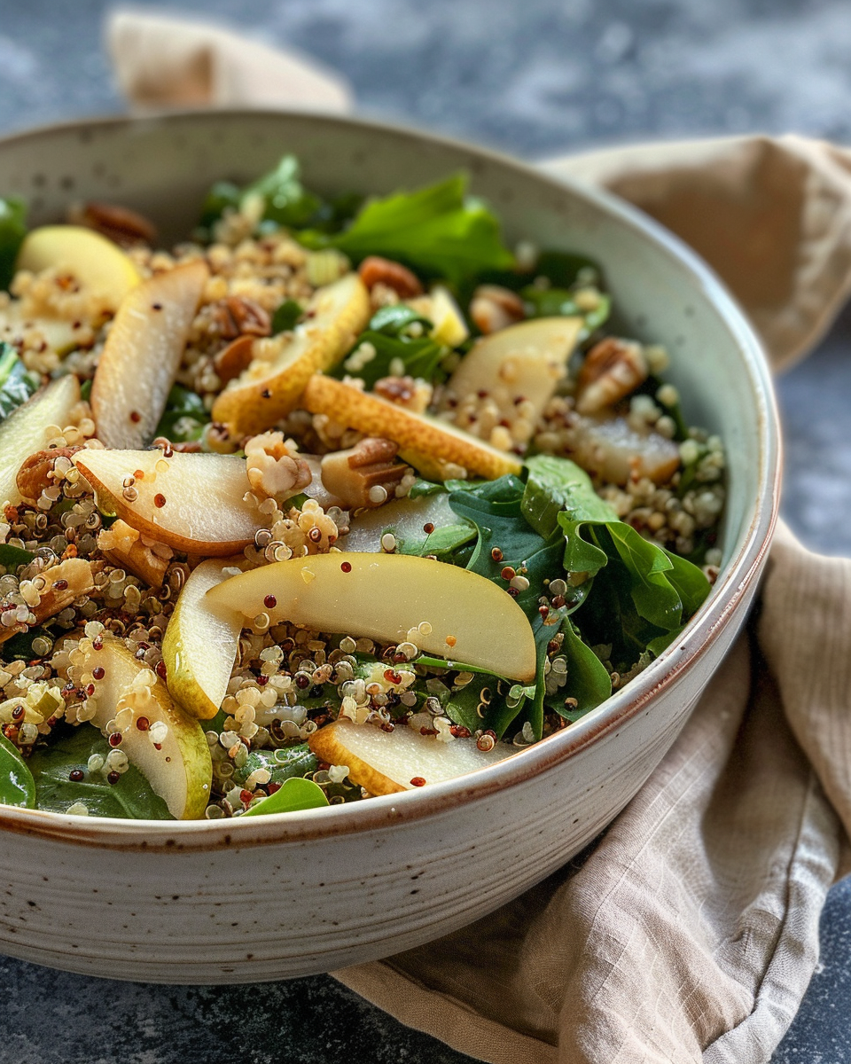 Finished pear quinoa salad served fresh and vibrant in bowl