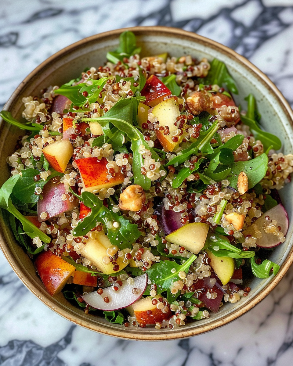 Pear Quinoa Salad taken with iphone 15 pro max --iw 2 --ar 4:5 --v 6.0 --raw