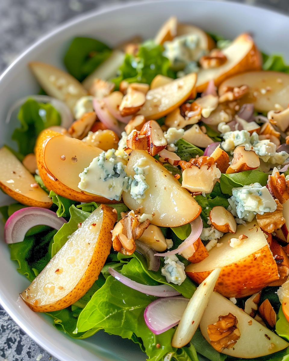 Serving bowl of finished pear salad with blue cheese, rocket, and toasted walnuts
