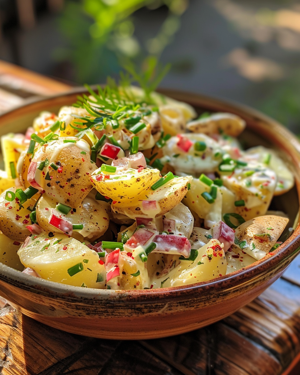 Fresh ingredients for Mom 92s Old Fashioned Potato Salad including potatoes, peppers, and scallions