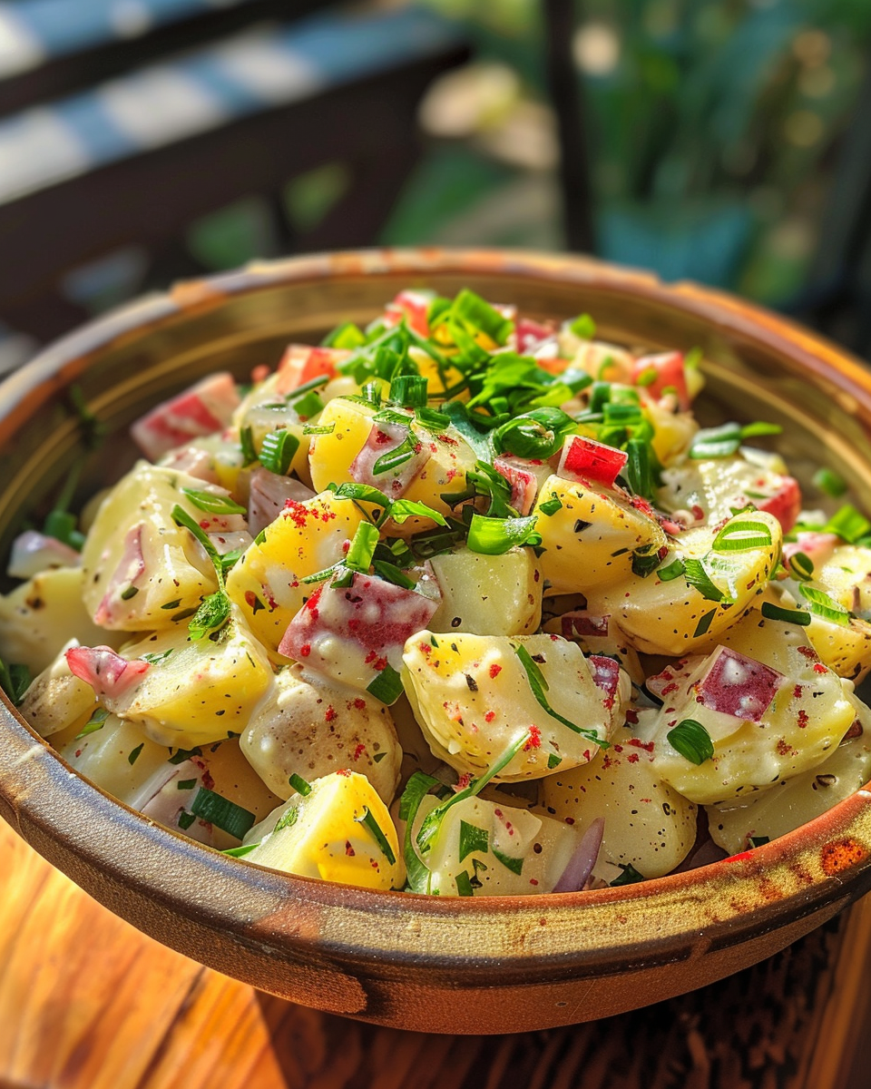 Serving bowl of Mom 92s Old Fashioned Potato Salad garnished and ready to eat