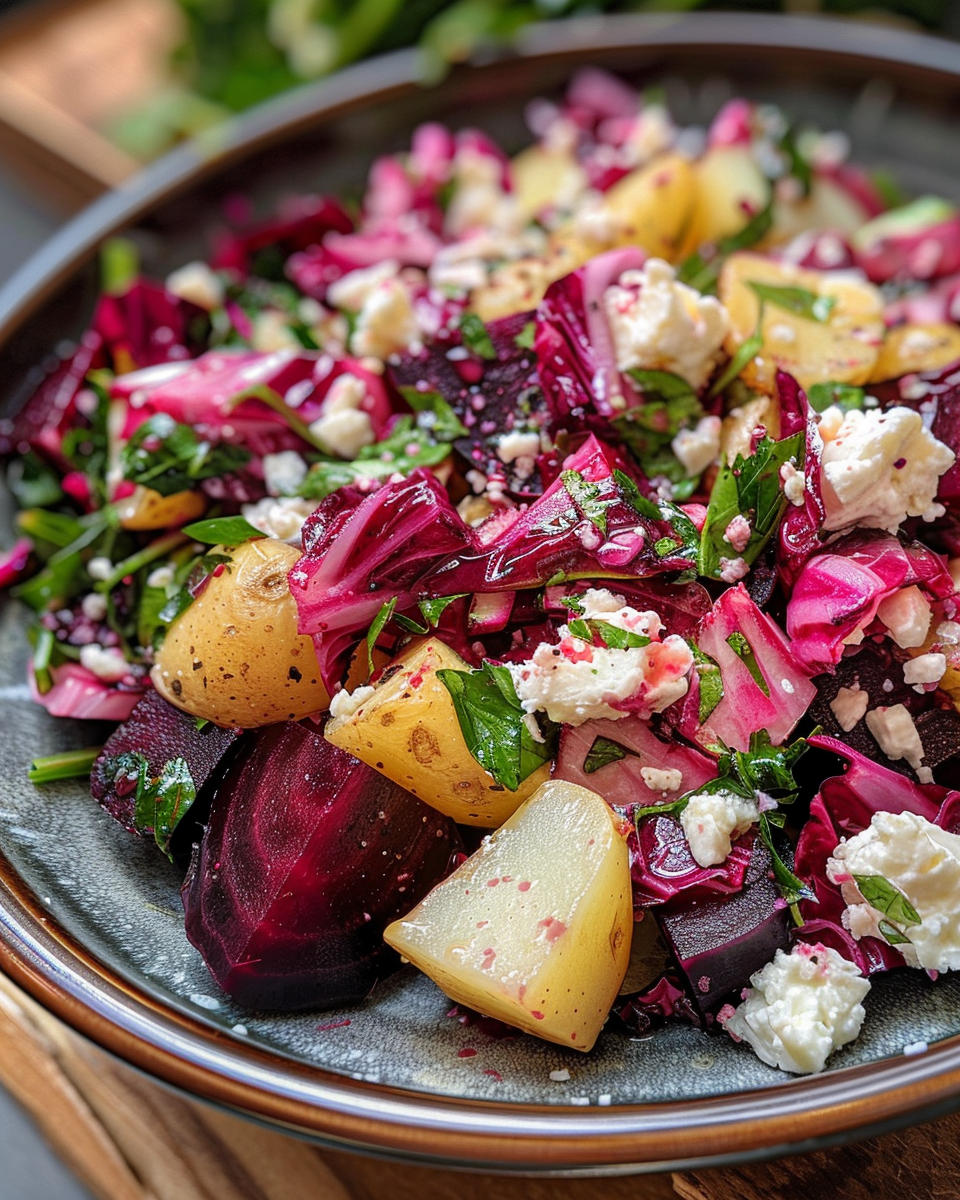 Ingredients for potato and beet salad including beets, potatoes, radicchio, feta, and dressing