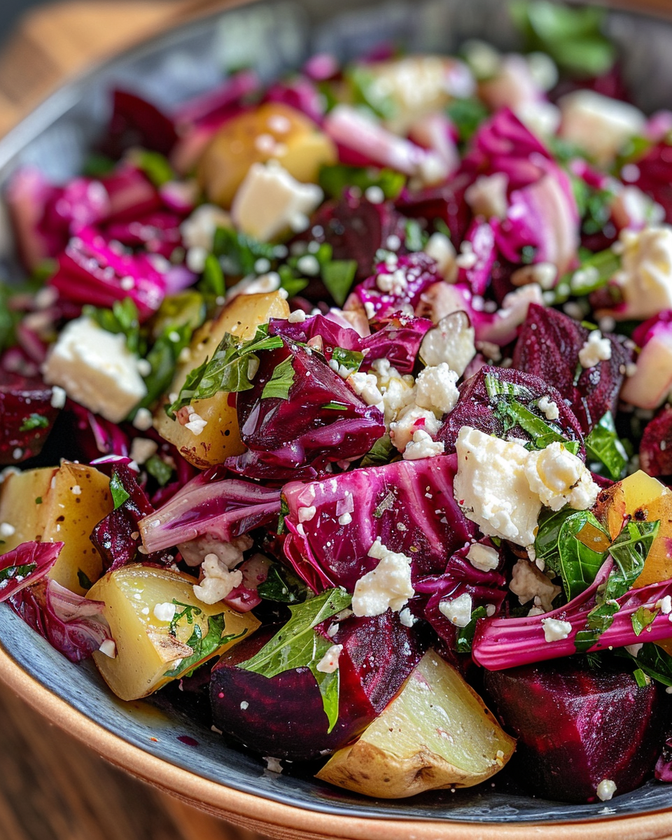 Close up of the final plated potato and beet salad with feta and radicchio
