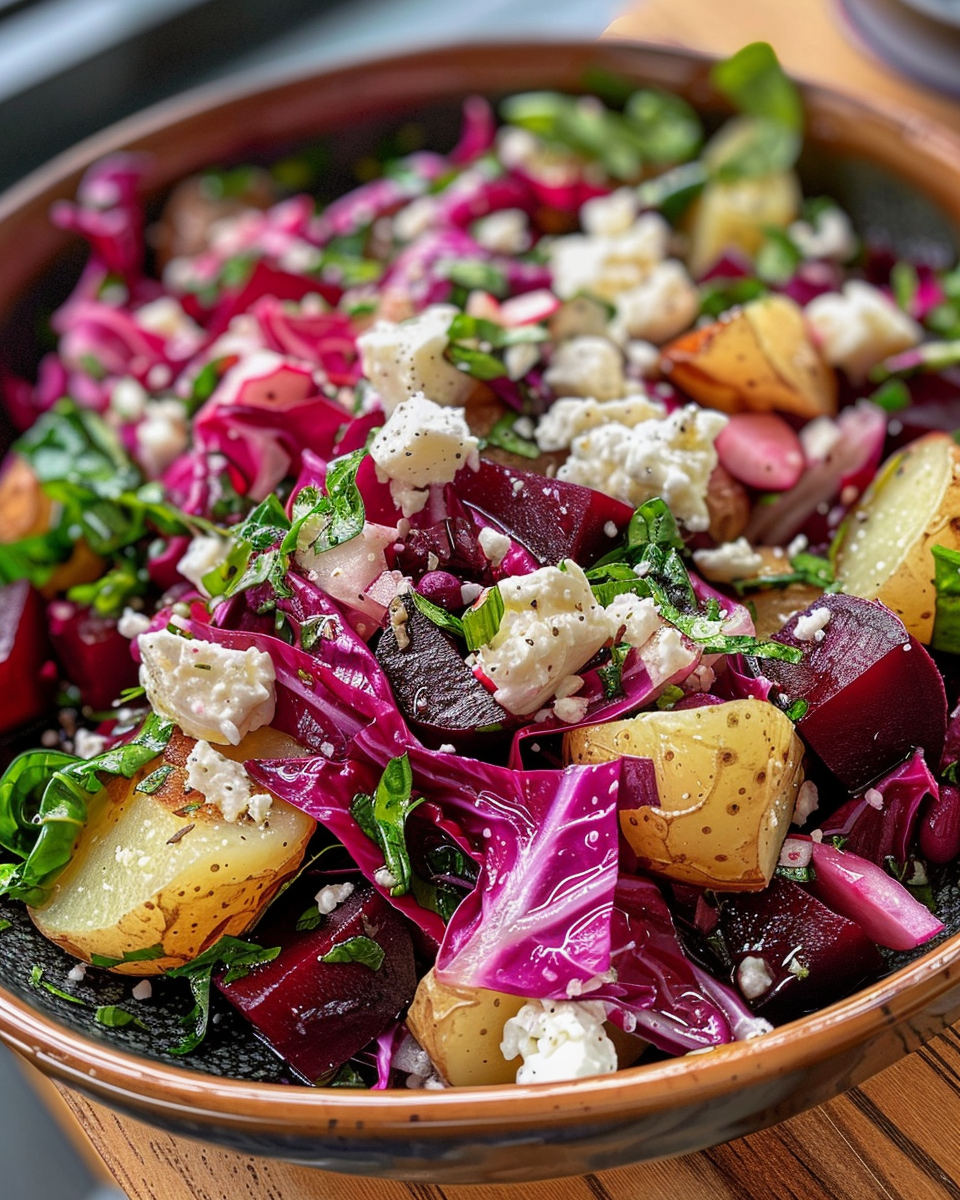 Fresh potato and beet salad with radicchio and feta cheese in bowl