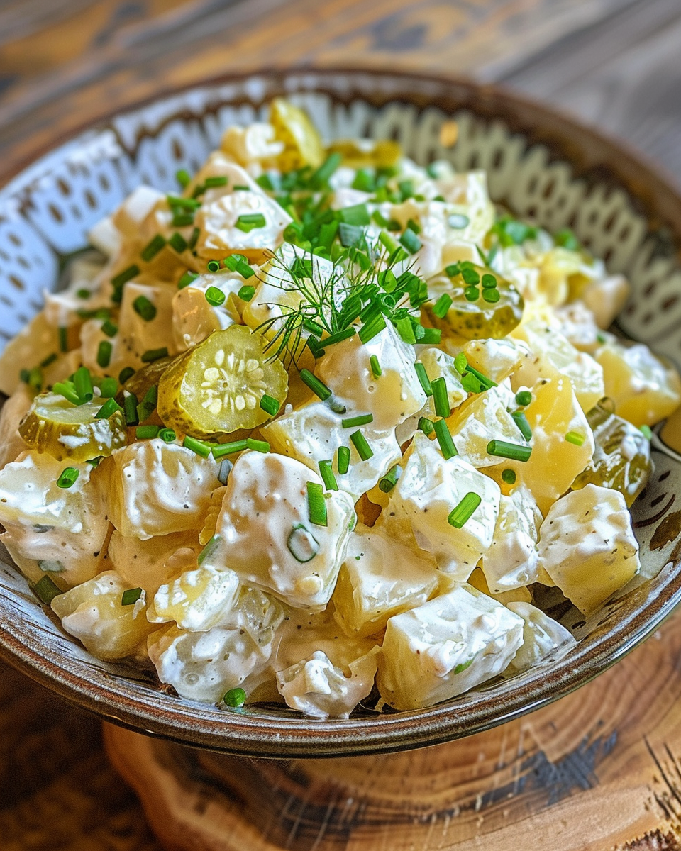 Ingredients for vegan dill pickle potato salad arranged in bowl