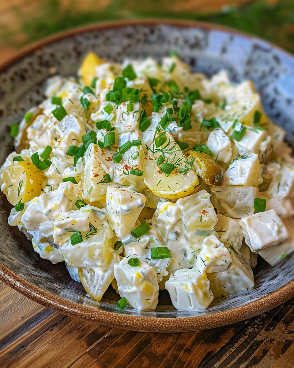 Serving bowl of creamy vegan dill pickle potato salad